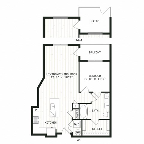 Floor plan for 1 bed, 1 bath, 721 sqft